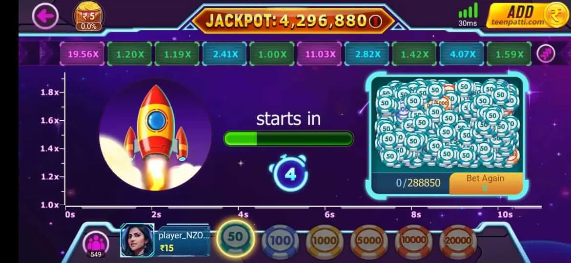 Crash game in Teen Patti Master with a rising rocket and multiplier