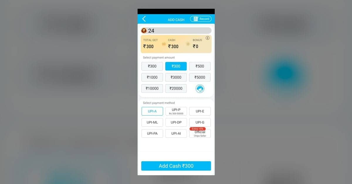 Add Cash screen in Teen Patti Master with amount options and UPI payment methods