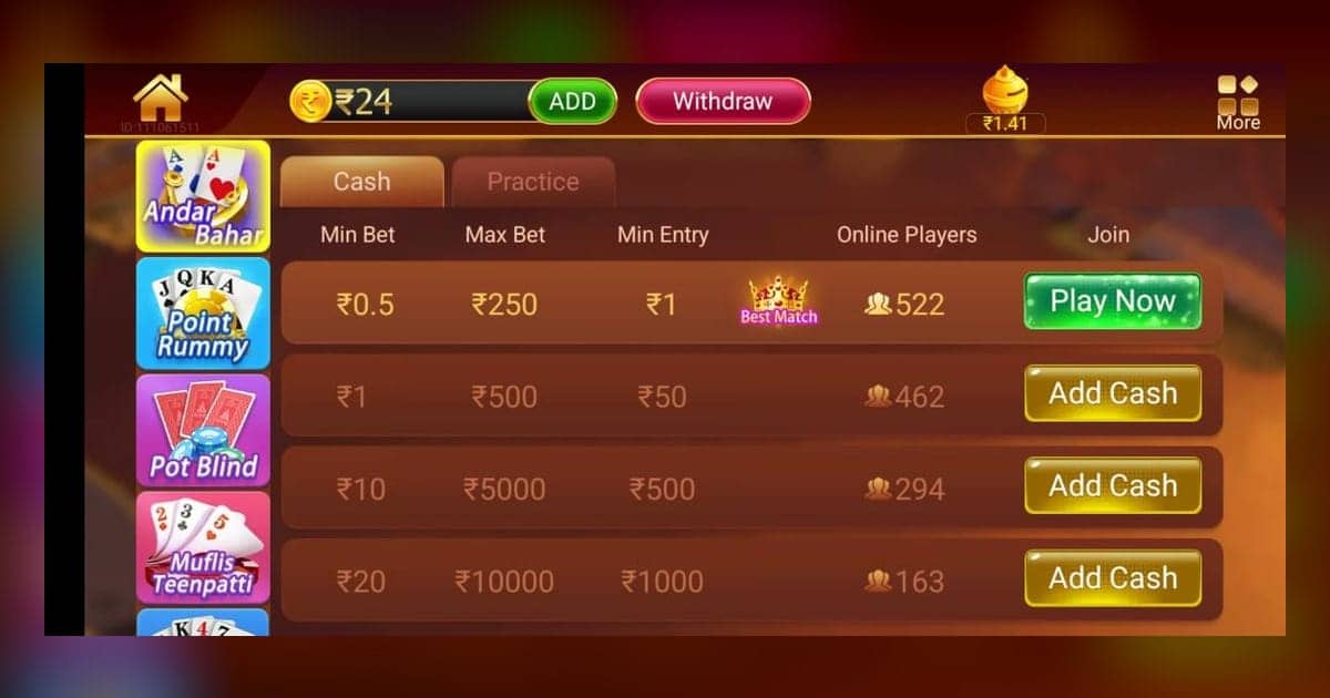 Andar Bahar and Teen Patti tables in the Teen Patti Master lobby