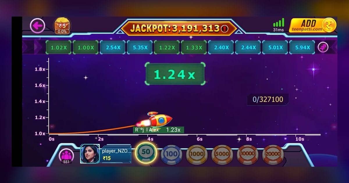 Crash game screen in Teen Patti Master showing a rocket and a 1.24x multiplier